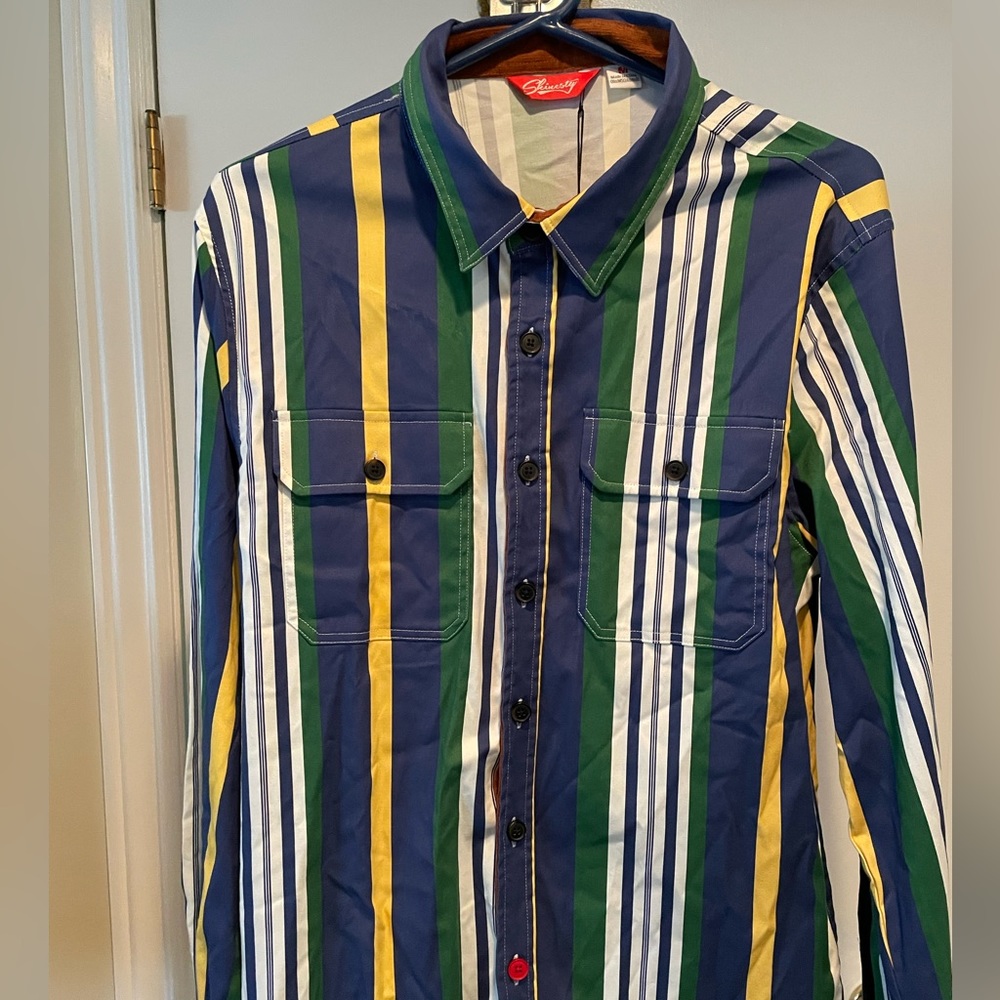 Shinesty The Lodge at Lunch Vintage Striped Retro Stretch Flannel Men’s Medium